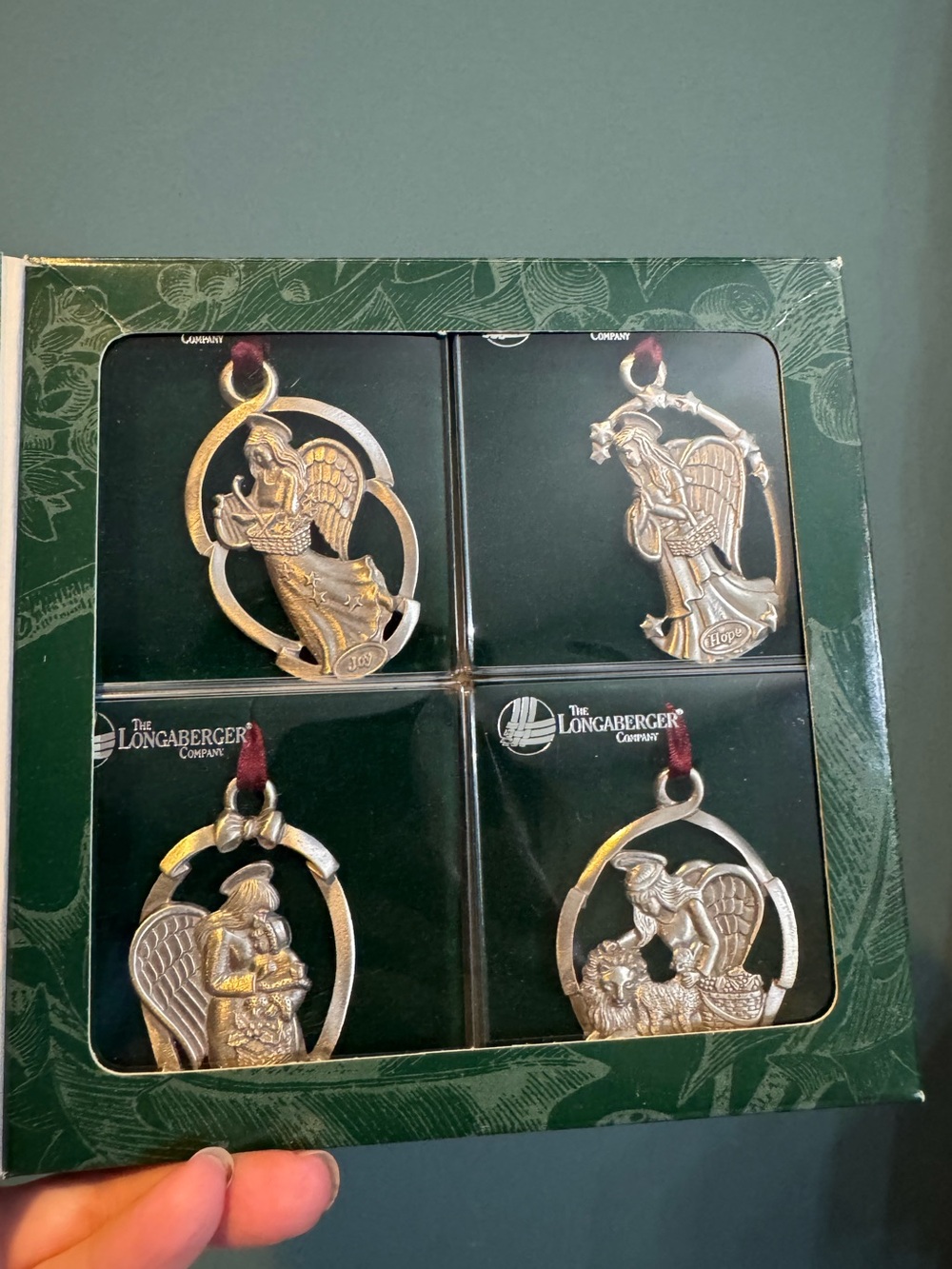 Vintage Set of 4 Longaberger Angel Pewter Ornaments - Peace, Hope, Love, Joy New
